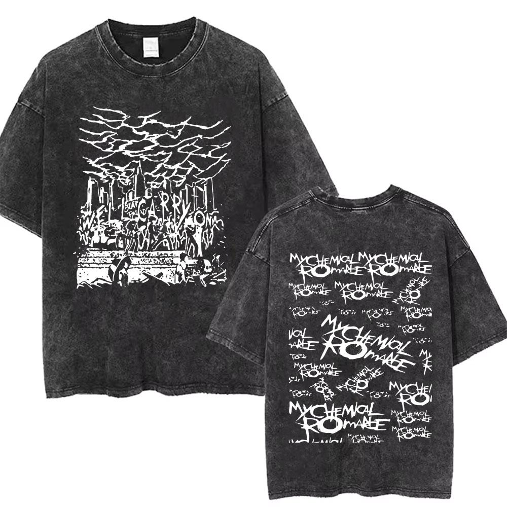 Men Women Punk Emo Rock Oversized Short Sleeve Tops Rock Band My Chemical Romance Washed Vintage Printed T Shirt