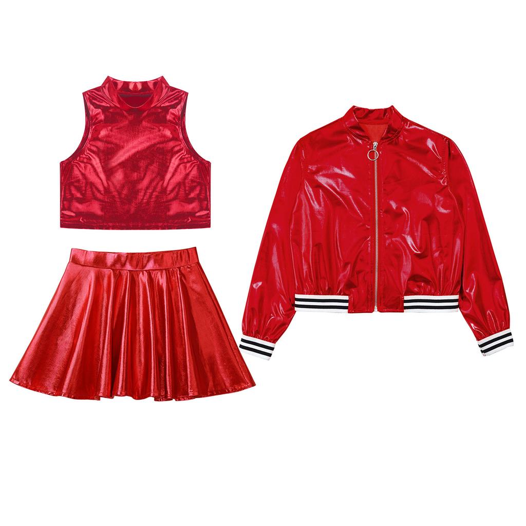 Kids Girls 3-Piece Dance Set Metallic Sleeveless Crop Top Skirt and Stand Collar Zipper Jacket