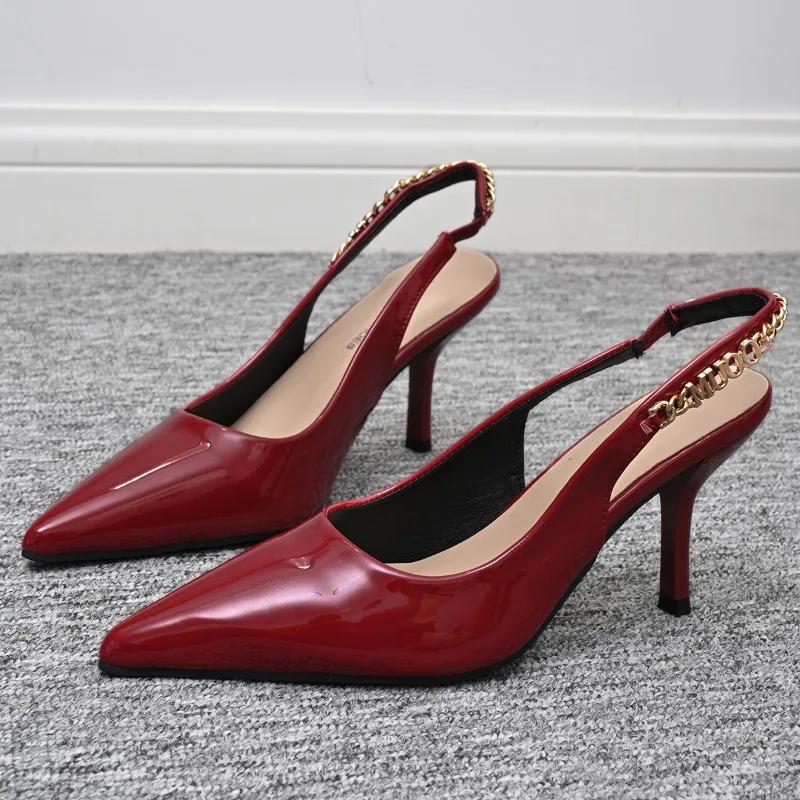 Fashion Plus Size 2025 Pointed Toe Women's Sandals Metal Decoration Chain Slip On High Heels Thin Heel Pumps Fashion Party Dress Shoes