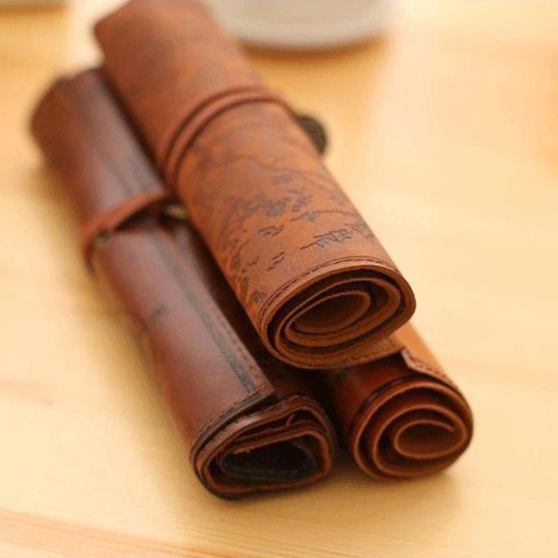 Creative Treasure Map Storage Pen Case, Simple Retro Faux Leather Large-capacity Pen Roll Case, Home & School Office Supplies.