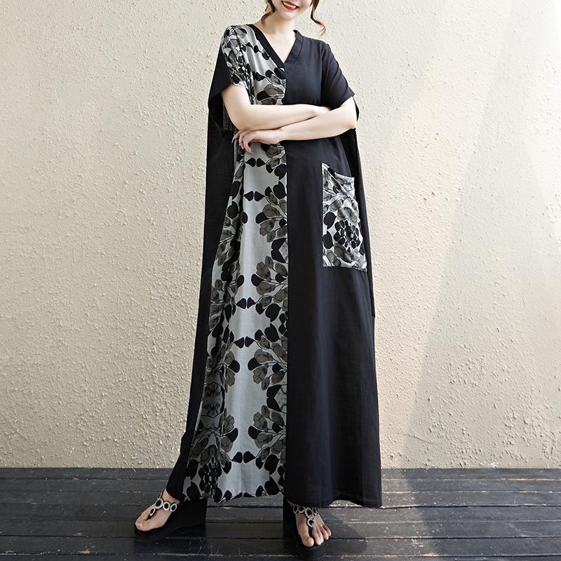 Хлопково-льняное художественное ретро-платье с V-образным вырезом, которое скрывает фигуру и стройнит. Женское длинное платье с короткими рукавами и цветными блоками.