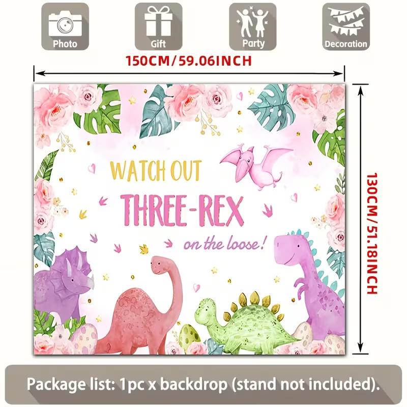 2D "Watch Out Three-Rex" Pink Watercolor Dinosaur 3rd Birthday Backdrop