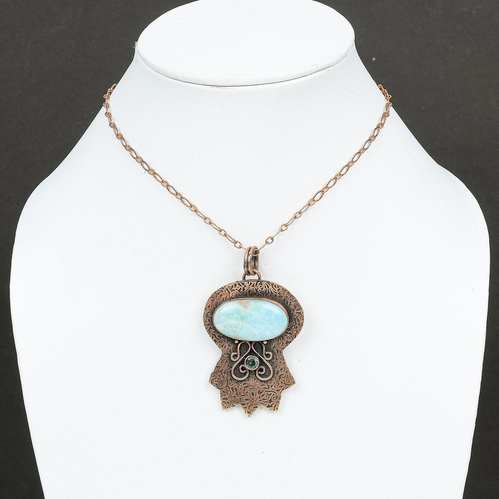 Подвеска из ларимара, подвеска из швейцарского голубого топаза, медная подвеска, ювелирные изделия из драгоценных камней, стильная подвеска, уникальные медные ювелирные изделия, подарок для нее, подвеска ручной работы