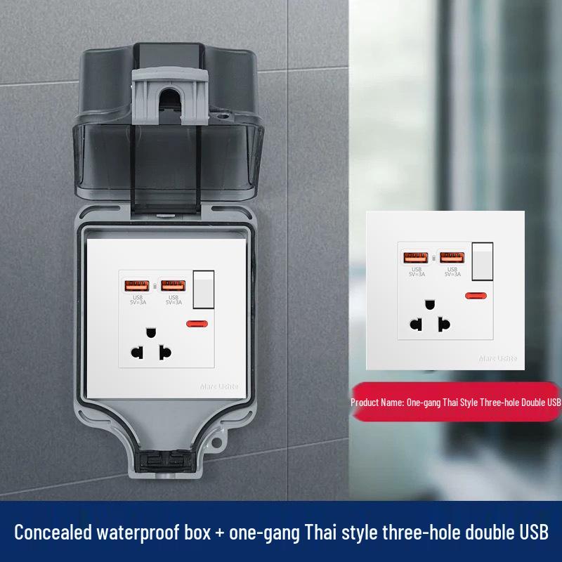 Concealed IP66 Waterproof 16A Outdoor Power Supply with American & Thai Standard 3 & 6 Holes, USB-C Fast Charging, and Waterproof Cover