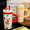 Cartoon Straw Cup Large Capacity Ceramic Drinking Cup with Lid  Cute Animal Breakfast Milk Cup  Souvenir