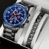2pcs/set, Fashion Men's Calendar Quartz Watch, Casual Men's Stainless Steel Wrist Watch & Bracelet, Best Gifts for Him