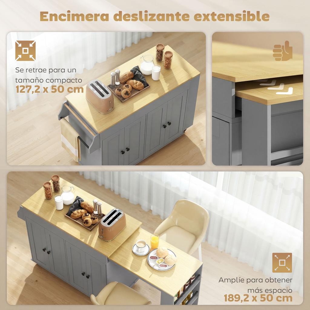 Kitchen Island With Wheels Extendable Countertop 4 Doors Adjustable Shelves Spice Rack And Towel Holder Gray
