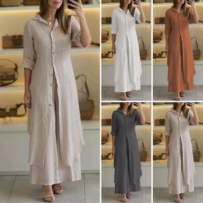 2 шт./компл., женская рубашка и брюки, комплект средней длины с капюшоном, однобортный, с половиной рукавов, блузка с нерегулярным подолом, широкие свободные брюки, повседневная повседневная одежда, наряд