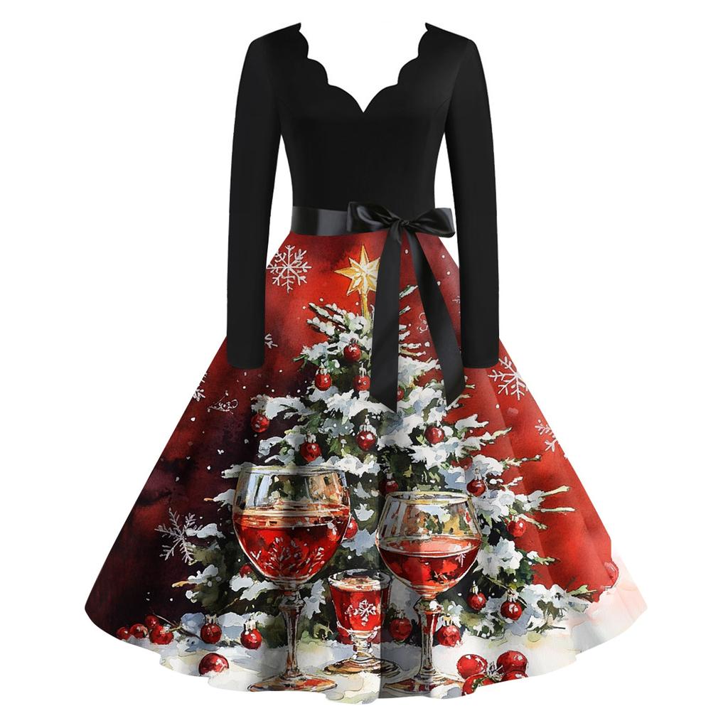 Women's Christmas Printed V-neck Large Hem Dress Long Sleeve Dress