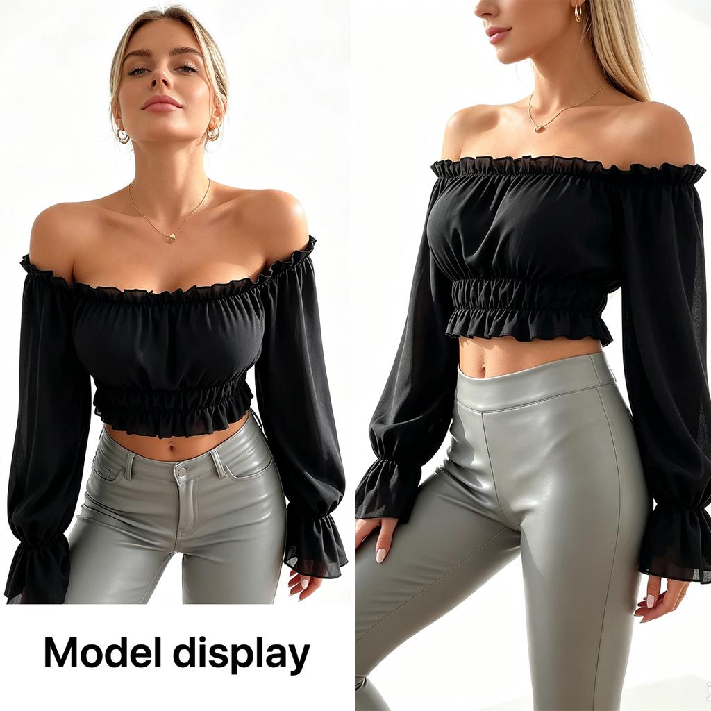 Fashion Women Ruffle Off Shoulder Crop Blouse Long Puff Sleeve Slim Ruched Hem Casual Clubwear Top