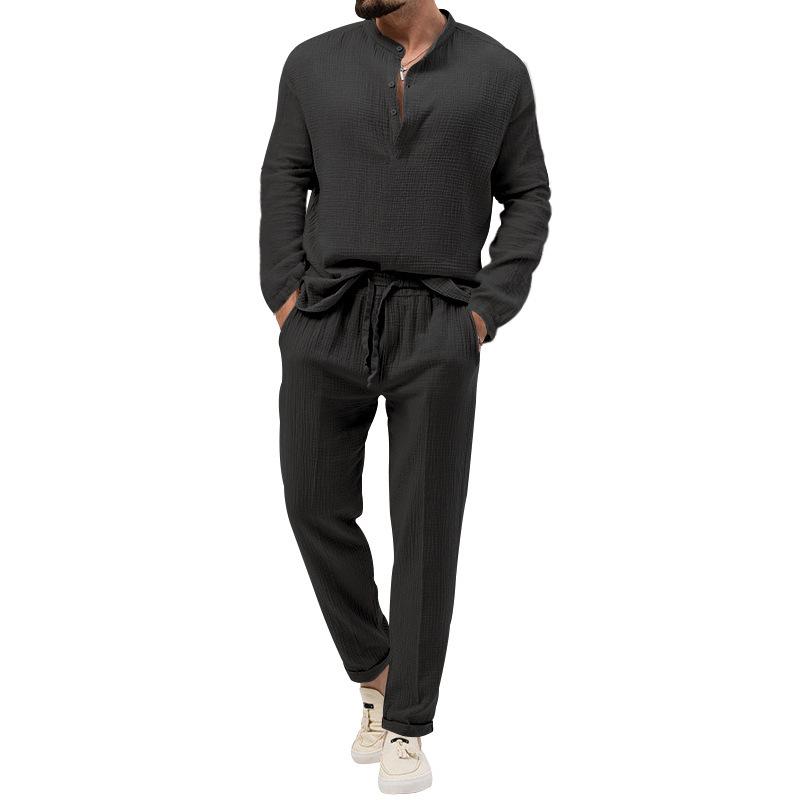 Spring Autumn Men's Solid Color Casual T-shirt Long-sleeved Shirt Trousers Suit
