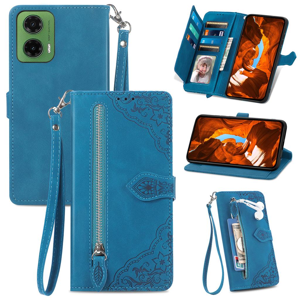 For Motorola Moto G35 5G Case Zipper Wallet PU Leather Flower Imprint Phone Cover