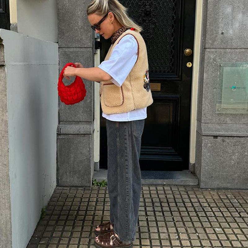 Женский повседневный жилет из овечьей шерсти с принтом, V-образным вырезом, без рукавов, с роговыми пуговицами, карманами, майками, осенний винтажный уличный жилет