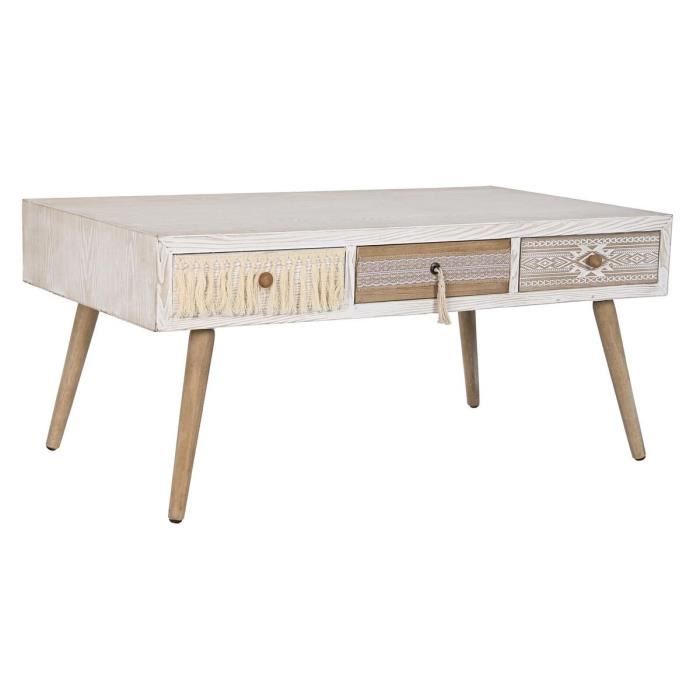 Table basse - Naturel - 110 cm - Bois massif - Coton - Style boho blanc