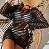 Summer Sexy Bikini Cover Up O-neck Long Sleeve Crochet Beach Dress Solid Color See-through Hollow Swimsuit Cover Up