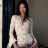 Hirigin Элегантная Прозрачная Кружевная Футболка Сексуальный V-образный Вырез Расклешенные Длинные Рукава Облегающий Крой Футболки Фея Кокетка Y2K Женский Винтажный Укороченный Топ Одежда