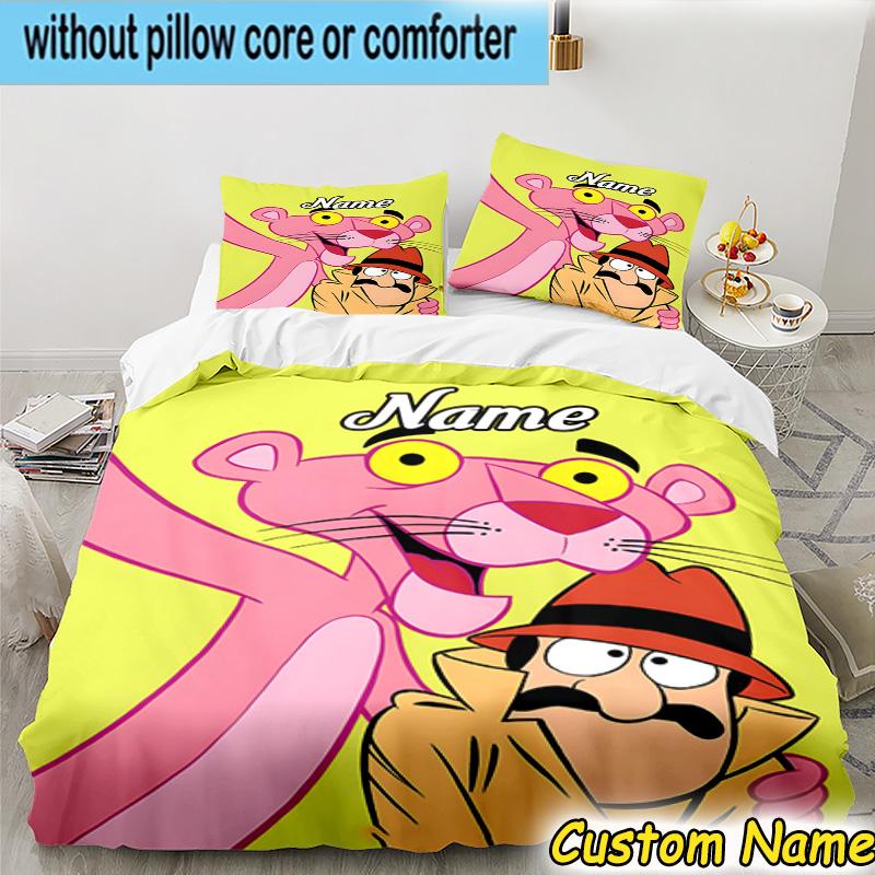 3PCS Custom Name Pink-Panther Heart Bedding Set Including 1pc Duvet Cover And 2pcs Pillowcases for Bedroom, Dormitory Gift Home Decor