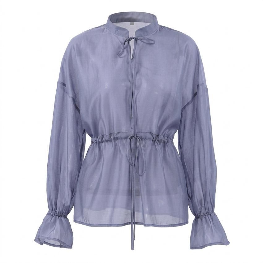 1116 autumn women's clothing high-end Morandi color waist and thin lace-up ruffle edge long-sleeved Tencel French shirt