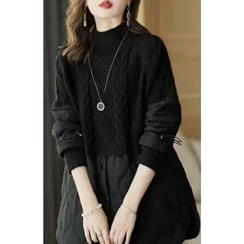 Dimanaf 2023 зимние свитера больших размеров, женское лоскутное ватное пальто, пуловер, вязаная водолазка, искусственный свободный свитер из двух предметов