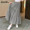 Qooth Women Elastic Waist Printed A-line Plaid Skirt Elegant Vintage High Waist Long Skirt For Spring Summer QT2210