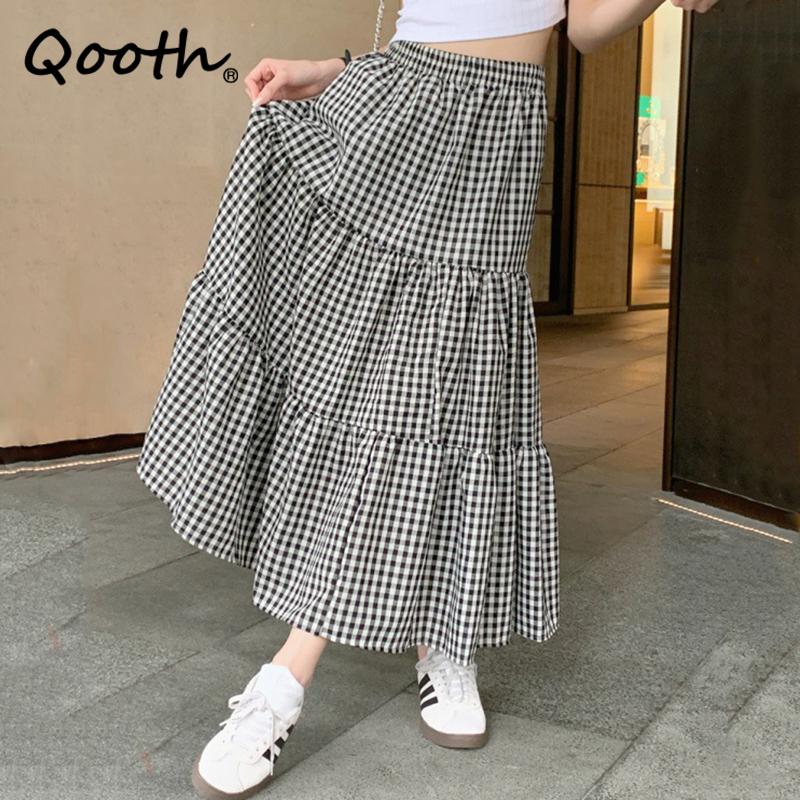 Qooth Women Elastic Waist Printed A-line Plaid Skirt Elegant Vintage High Waist Long Skirt For Spring Summer QT2210