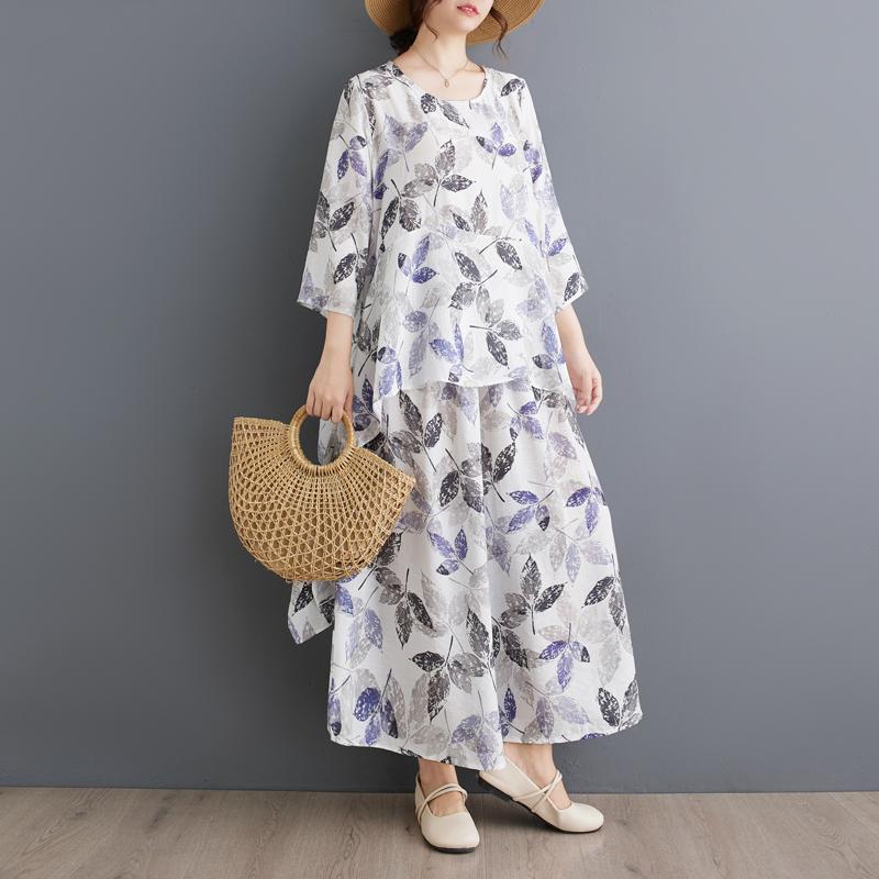 Dimanaf Комплект из двух предметов размера плюс, женская одежда, элегантный женский топ с принтом Vinatge, льняные свободные брюки, женский летний костюм