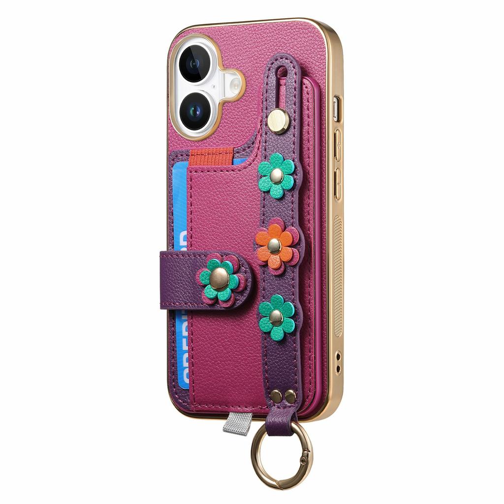 For iPhone 16 Case Card Holder Leather Back Cover 3D Flower Wristband - Purple