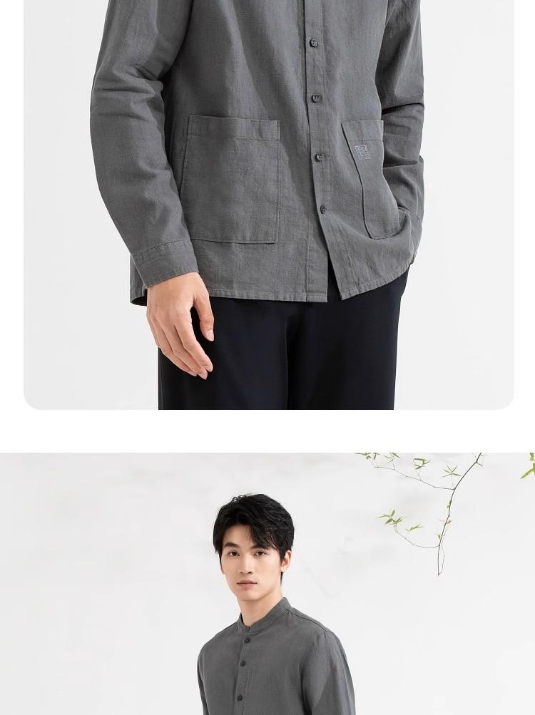 Langdeng Men's Cotton and Linen Stand Collar Long Sleeve Shirt
