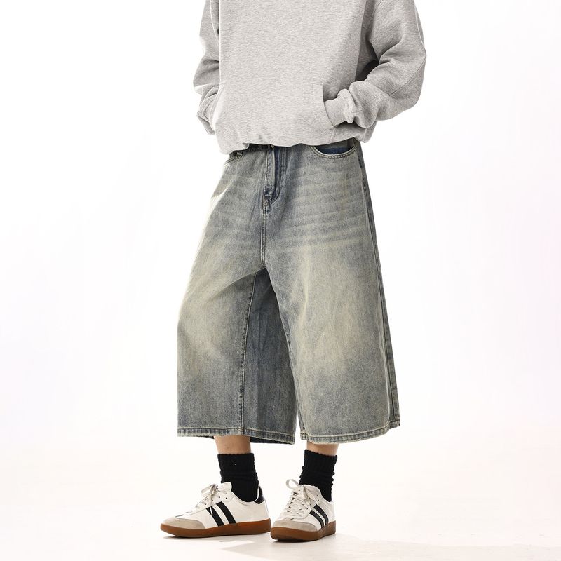 American Retro Denim Cropped Pants Male and Female Trendy Brand Washed Fancy Loose Easiest for Match Casual Wide-Leg Denim Shorts Denim Shorts