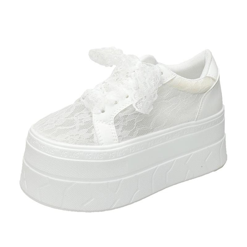 Fashion Sexy Lace Mesh Flat Lace-up Womens Shoes White Summer Round Toe Platform Thick Botton Genuine Leather Sneaker Zapatillas Mujer
