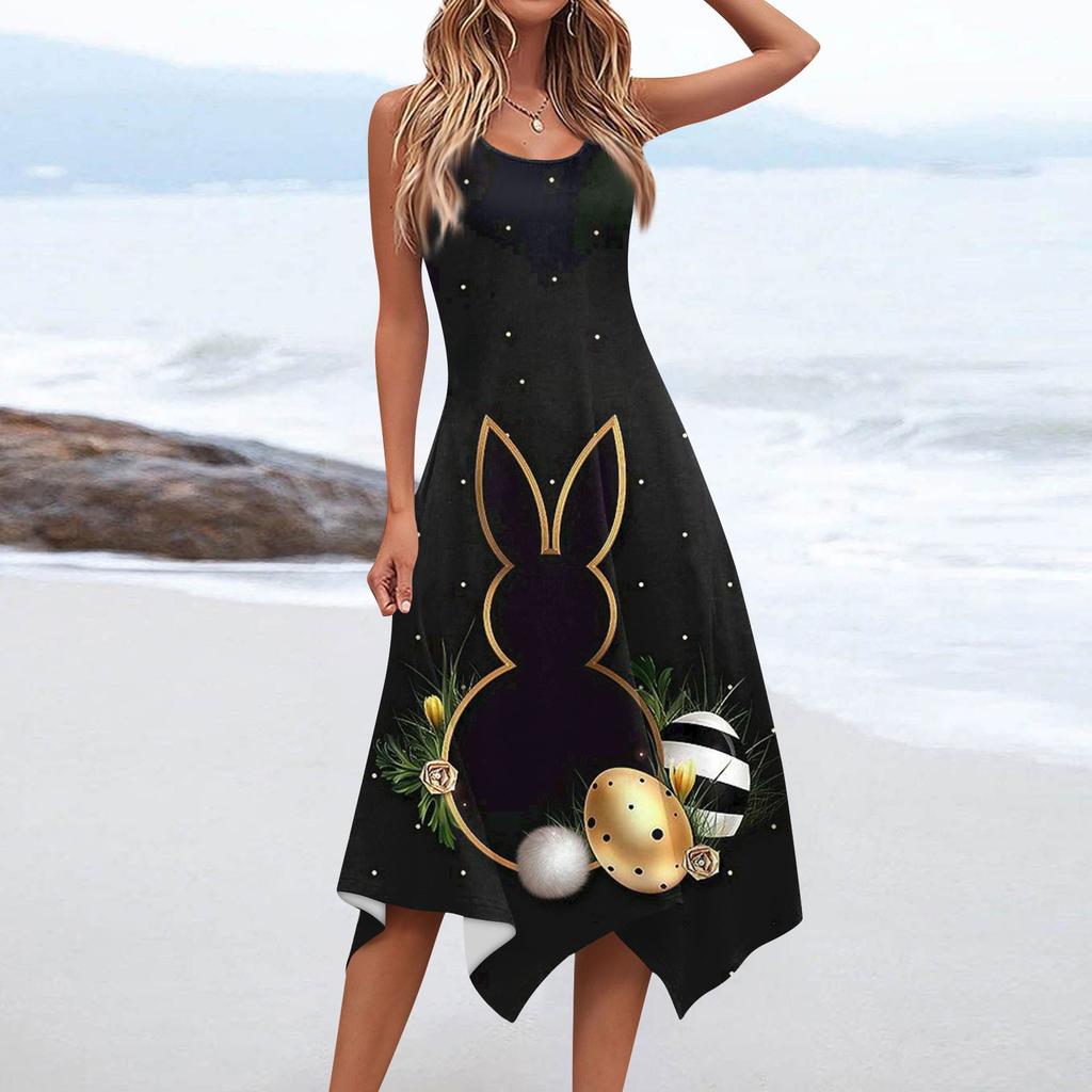 Women's Casual Fashion Round Neck Sleeveless Print Irregular Hem Midi Dress