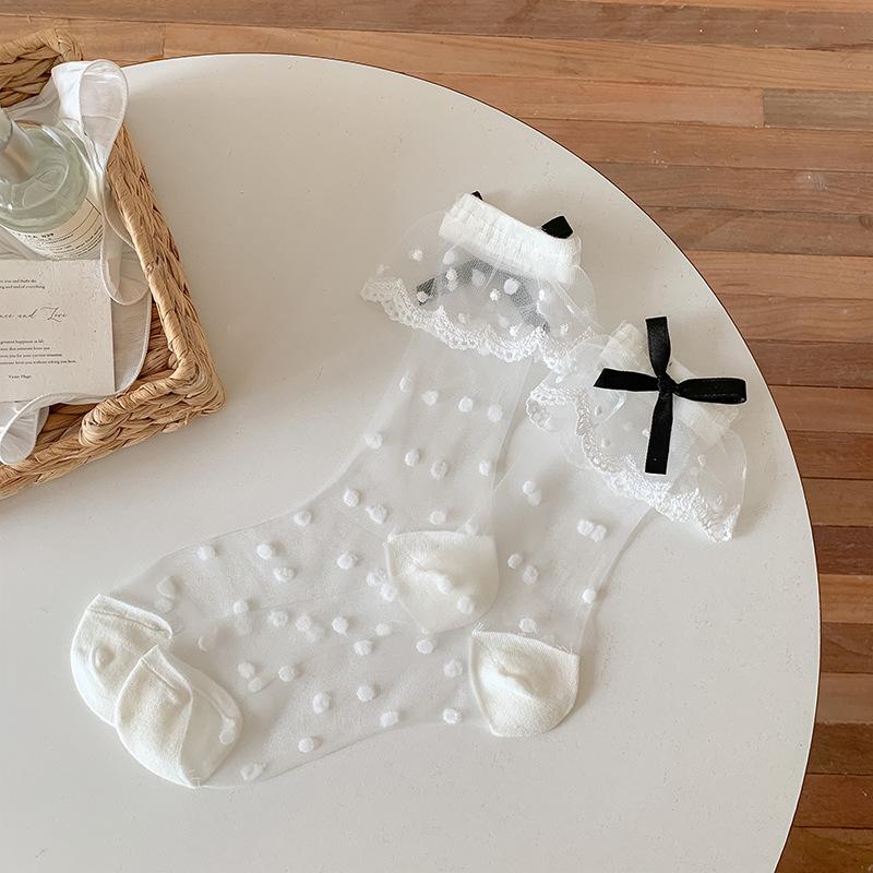 3-6pcs Glass Stockings Children's Spring and Summer Thin Lace Lace Lace Mid Tube Socks Sweet Bow Polka Dots