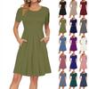 Women's Short Sleeve Dress Pleated Loose Swing Casual Dress With Pockets Knee Length Dresses