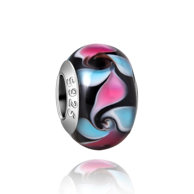 Муранское стекло Серия стерлинговое серебро 925 пробы Медный павлин синий и лепесток цветка Вращается Шарм Подходит для браслета Женские изящные циркониевые аксессуары