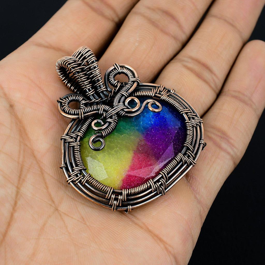 Rainbow Solar Quartz 999 Copper Wire Wrapped Pendant, Handmade Gemstone Pendant Jewelry, Gifts For Wife Brand New Pendant