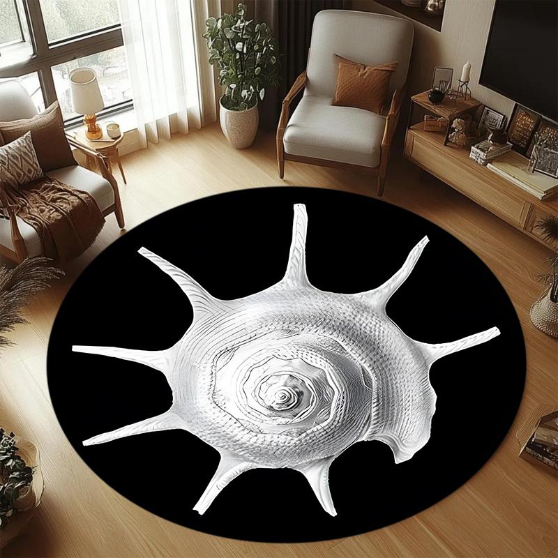 Shell Spiral Pattern Round Area Rug Black White Carpet Non-slip Floor Mat Modern Living Room Bedroom Minimalist Home Decoration