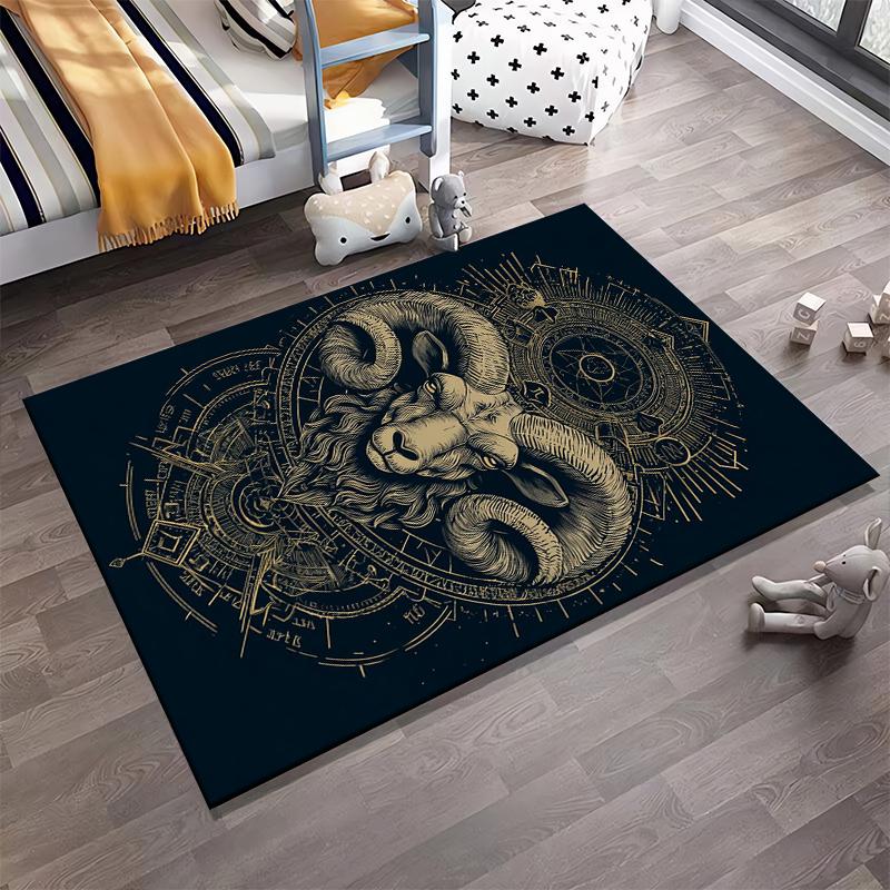 Golden Ram Head with Mystical Symbols Non-slip rug suitable for living room and bedroom sofas
