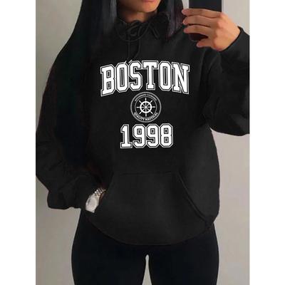 Бостон Сити 1998 Худи с принтом букв в стиле арт Женские с карманом Y2K Флисовая толстовка Осень Многоцветный Спортивная одежда Свободная одежда