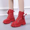 Новая осенне-зимняя обувь, женские короткие ботинки, ботильоны с карманами, пряжками и ремешками, красные ботинки из искусственной кожи до середины голени на платформе с перекрестными шнурками