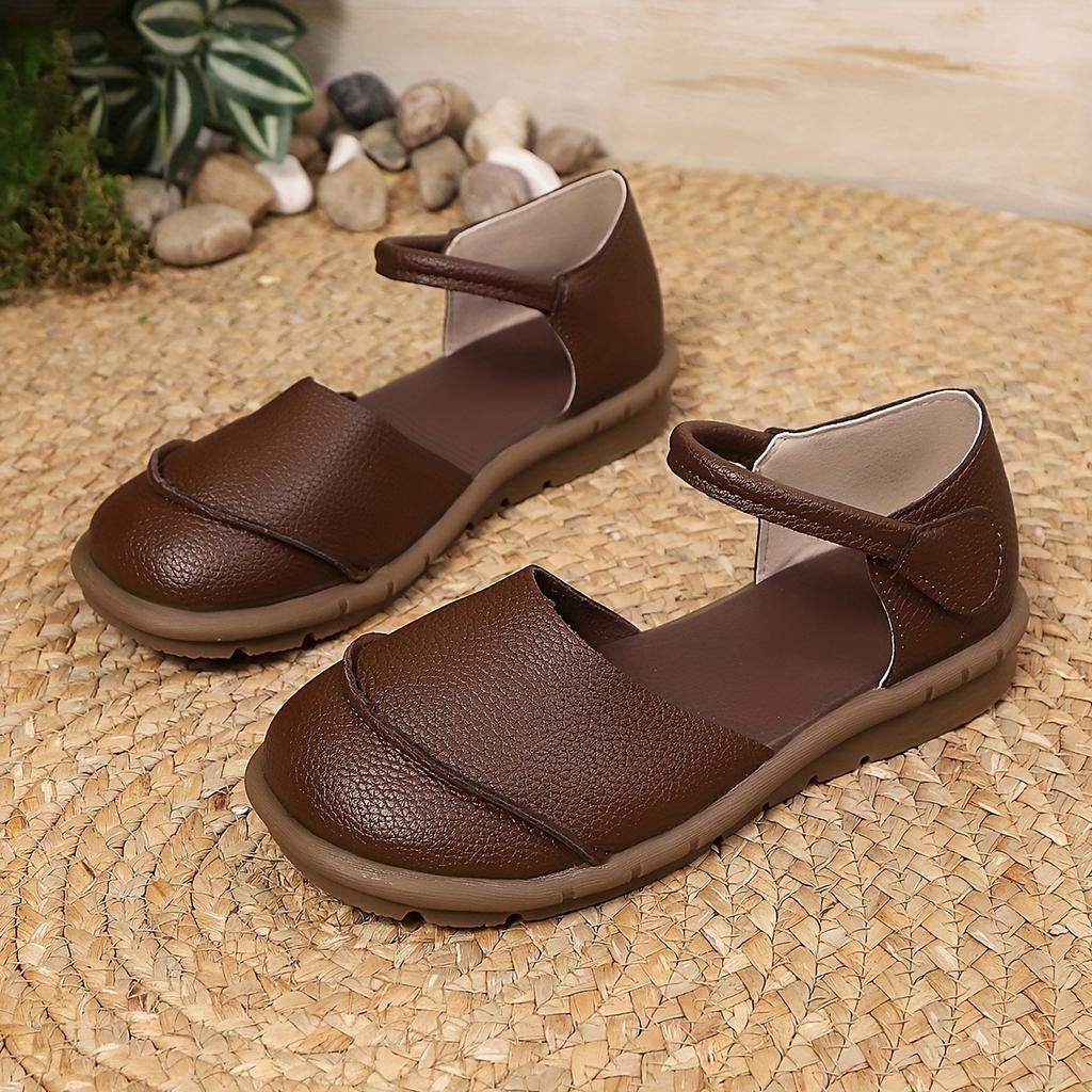 Ladies Mary Jane Flat Dance Lace Adjustable Velcro Closure - Round Head Casual Shoes, Comfortable Brown Single Shoes for All Seasons, Daily Dressing