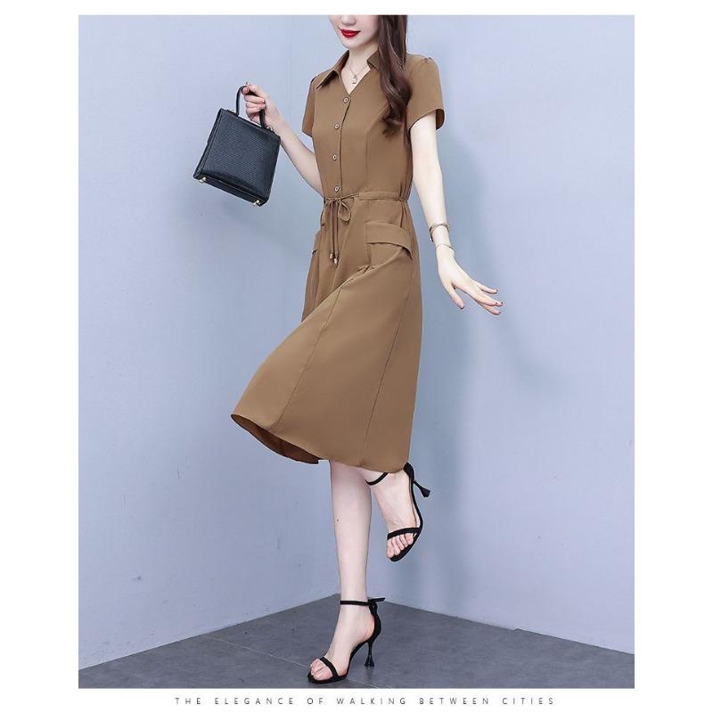 YYFS Женская мода лето весна сплошной цвет печати короткий рукав ПОЛО шеи Высокая талия повседневные платья