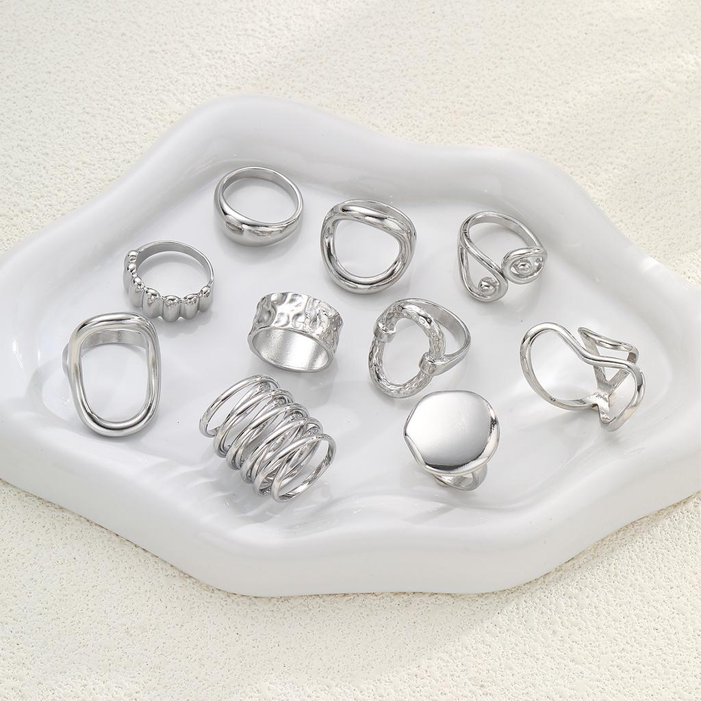 10pcs Set Vintage Old Coin Style Asymmetrical Open Ring For Women Fashion CCB Geometric Hollow Decor Rings Vacation Date Jewelry