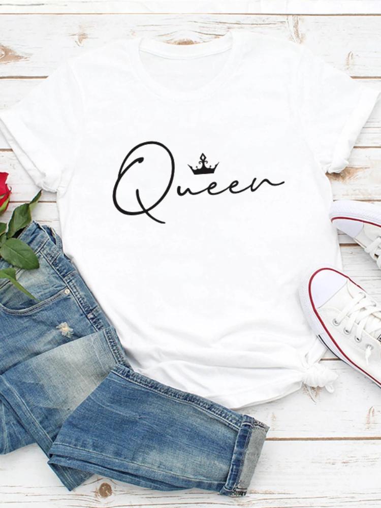 8 цветов Crown Queen Letter Print Футболка женская с коротким рукавом O-образным вырезом свободная футболка летняя женская футболка топы одежда Mujer