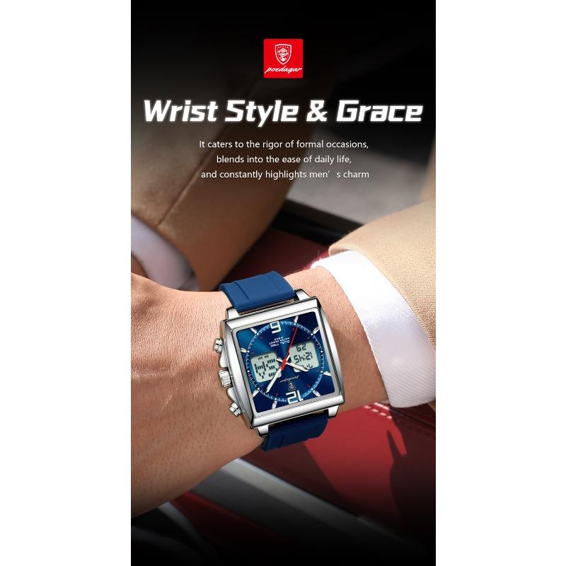 POEDAGAR Luxury Top Man Watch Electronic Square LED Alarm Chronograph Watches Week Date Dual Time Display Quartz Clock