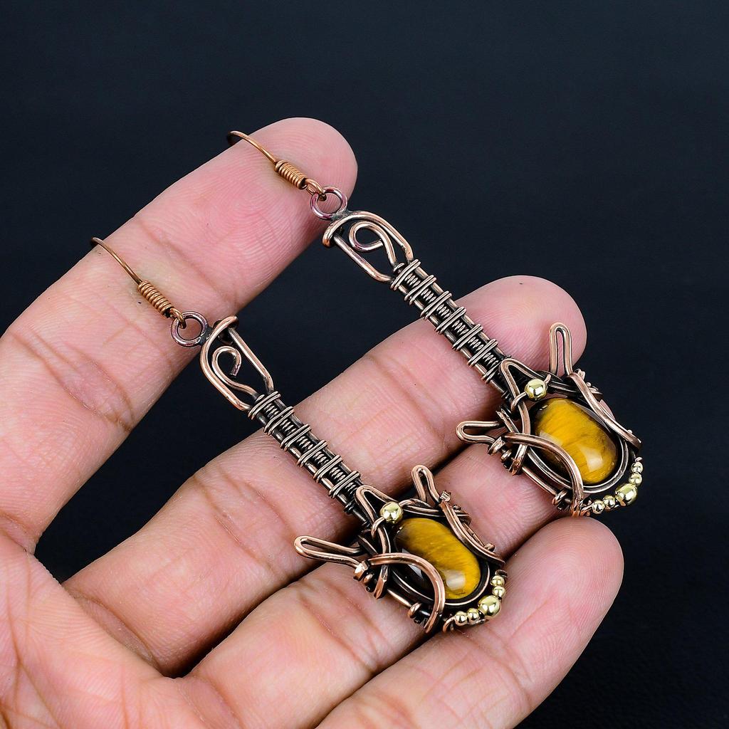 Tiger Eye 999 Copper Wire Wrapped Earrings, Handmade Gemstone Jewelry Earrings For Memorial Day