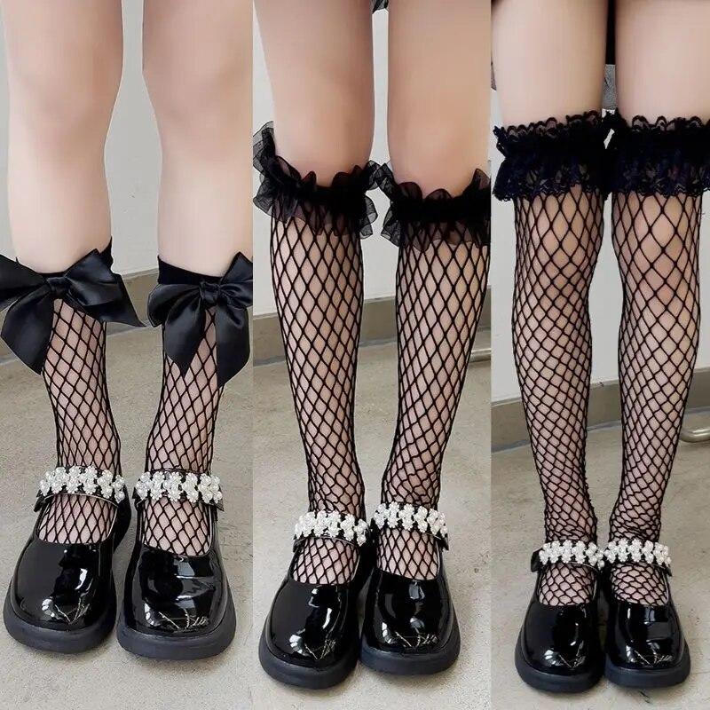 Children Girl Calf Sock Lace Lolita White Black Color Knee High Sock for Kids Girl Summer Fishnet Mesh Sock Clothes Accessories
