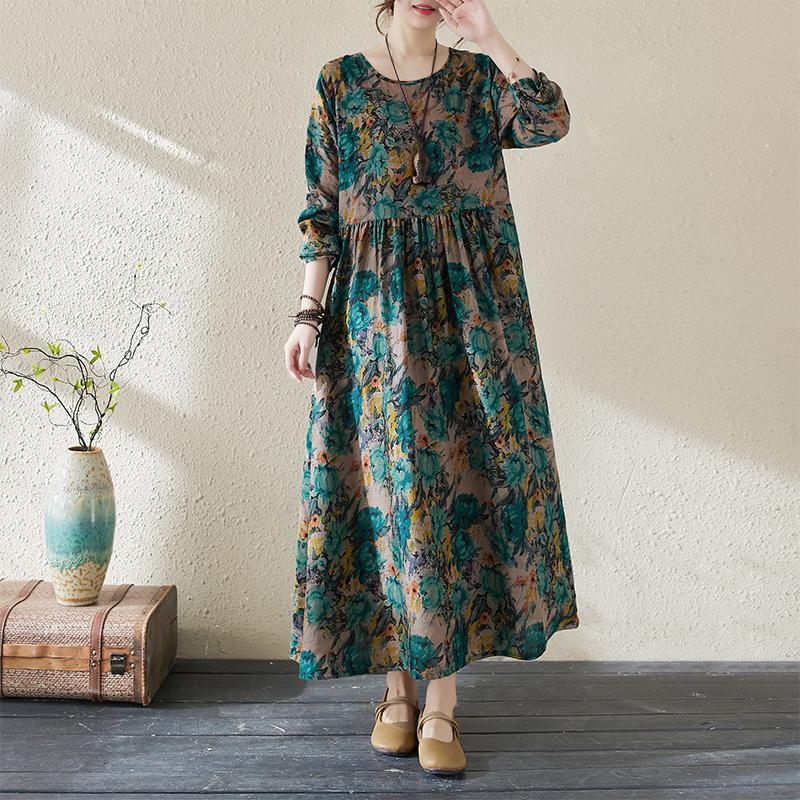 Dimanaf 2025 Plus Size Women Spring Summer Dress Vintage Long Dress Floral Style Loose Lady Maxi Dress Printing