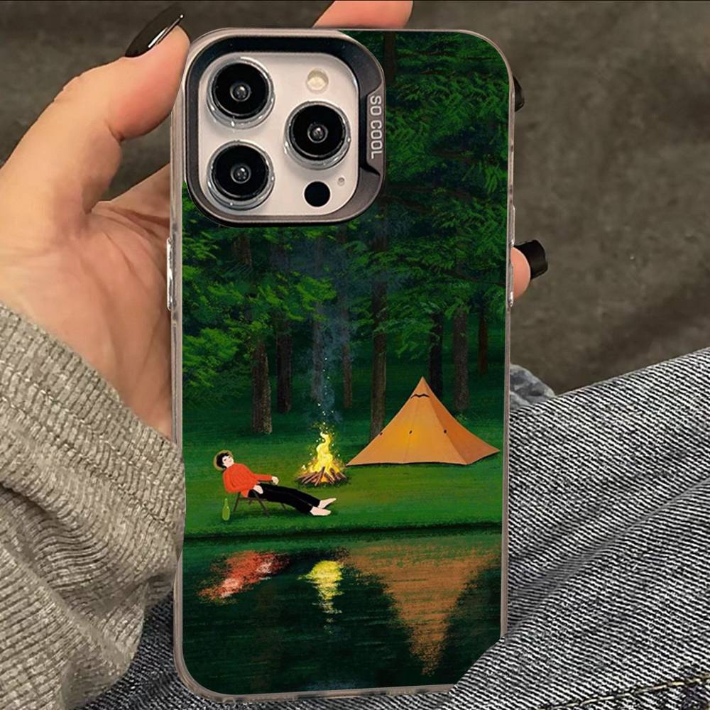 Cartoon Lawn Suburban Relaxation Silver Plated Inside Phone Case For iPhone 17 16 15 14 11 12 13 Pro Max Plus X XR XS Max Color