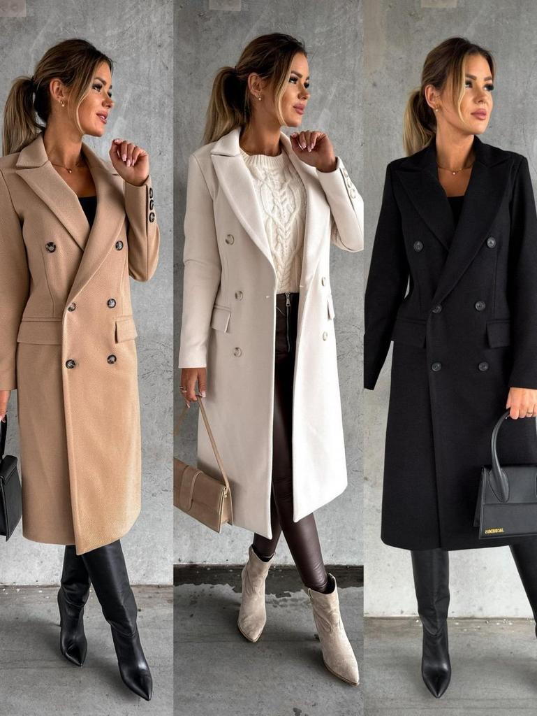 Женское двубортное шерстяное пальто 2023 г. - длинный рукав, осень/зима