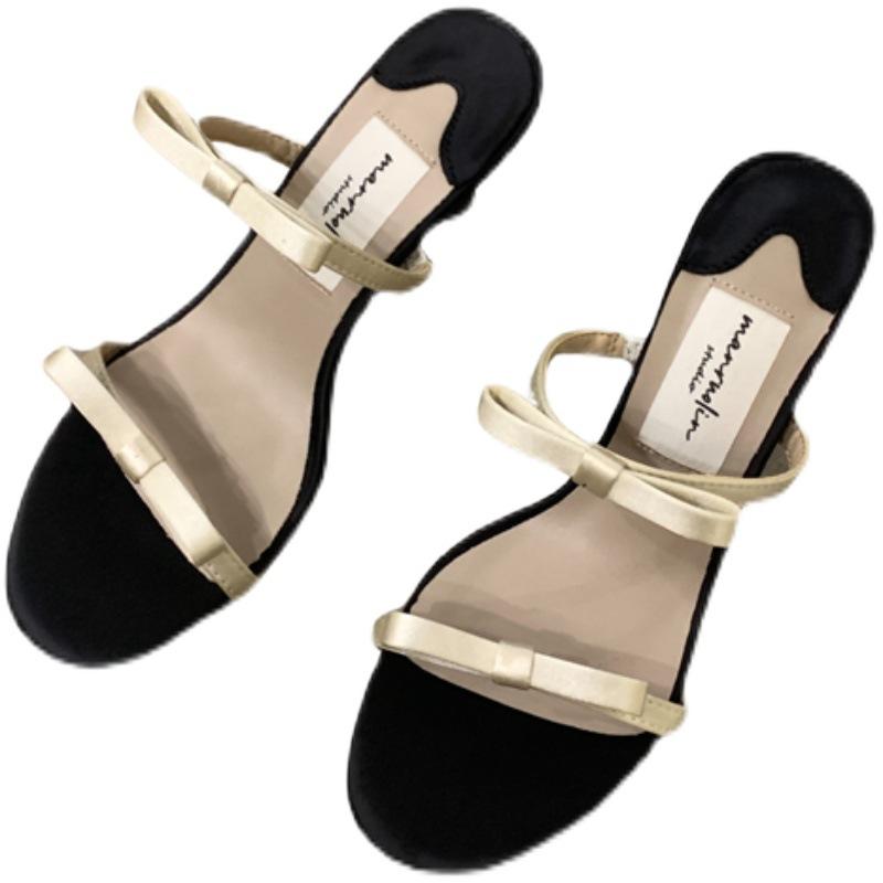 2025 новые французские сандалии в стиле феи, верхняя одежда, летнее слово с бантом, тонкий каблук, элегантные женские тапочки на высоком каблуке